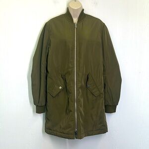 H&M - Army Green Shiny Zip Up Long Sleeve With Pockets Long Bomber Jacket SZ XS